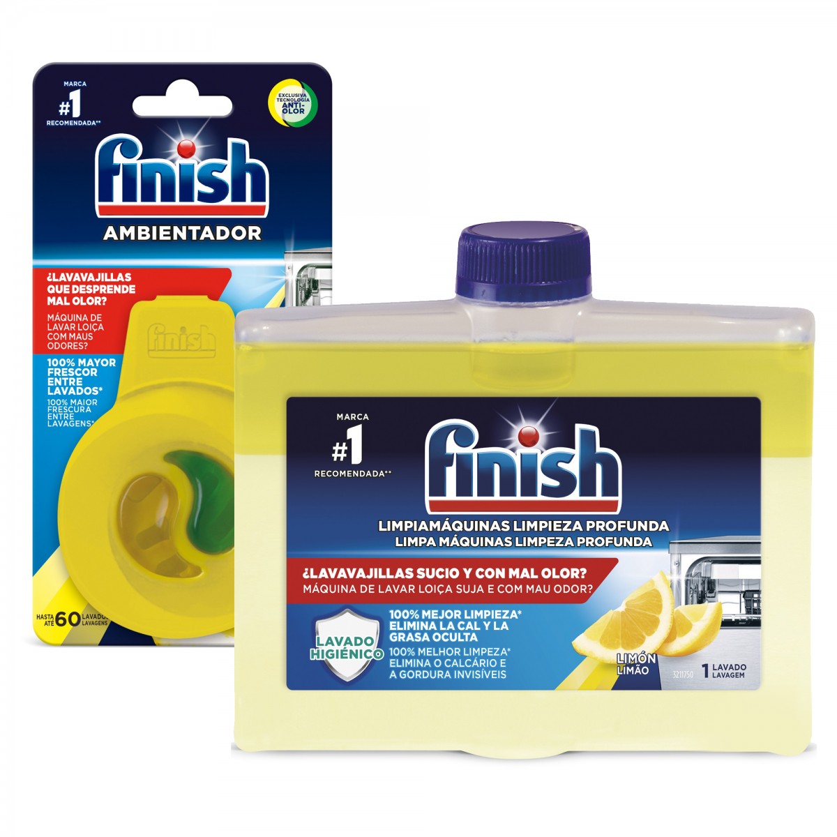 Finish 2 Limpiamáquinas Lavavajillas Limón + 2 Ambientador Lavavajillas Limón.
